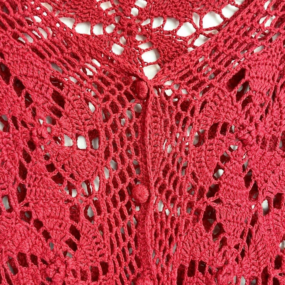 Vintage 90s Sheer Boho Crochet Lace Top Red Sz Medium Open Weave Coastal Cowgirl - Picture 4 of 6